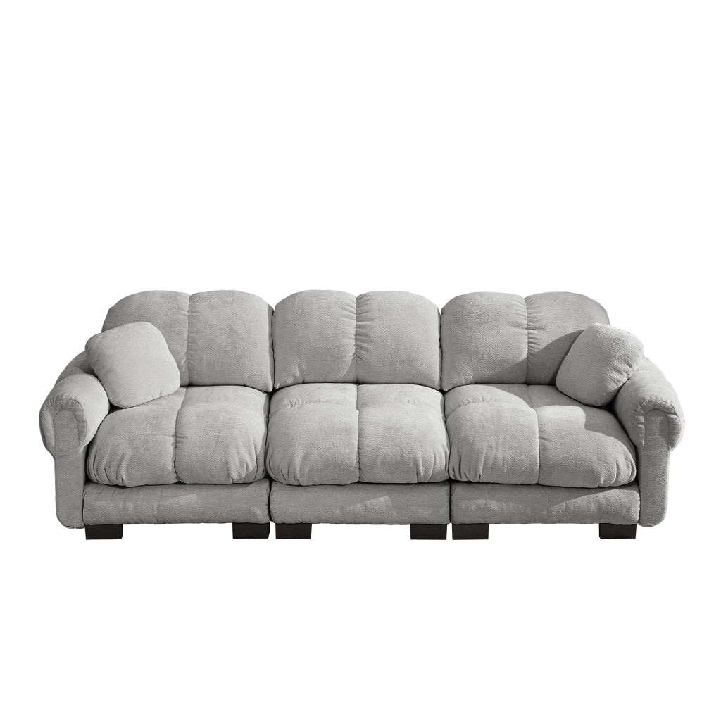 Divano modulare 3 posti con cuscini decorativi, sedute trapuntate, in Chenille, Grigio chiaro