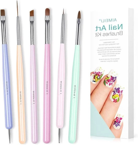 Set di Pennelli per Nail Art 6 pezzi per Manicure con Acrylpoeder - Con Pennello per Unghie, Pennello per Forare, Pennello per Disegno, Pennello per Vernice e Strumenti per Dottatura
