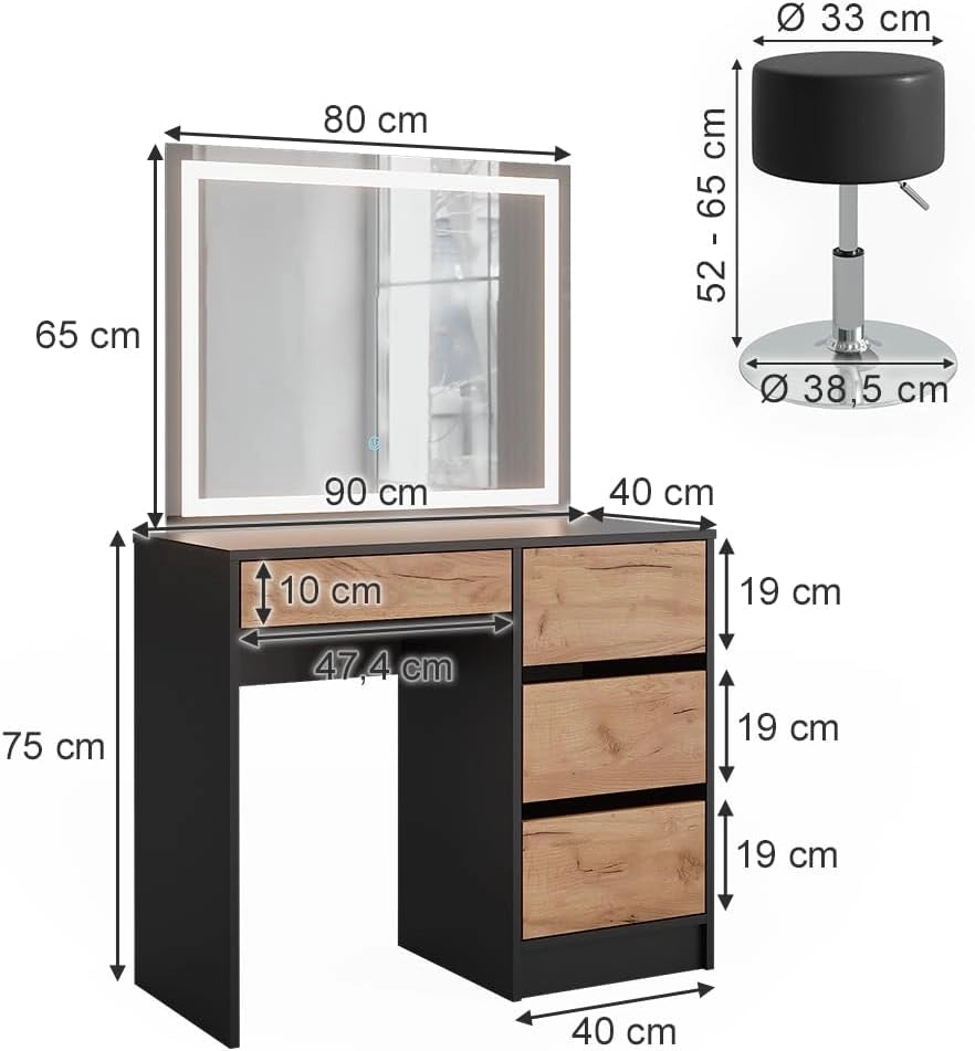 Tavolino da toilette Sherry, Antracite/quercia dorata, 90 x 75 cm con specchio LED e sgabello, con illuminazione LED e sedile regolabile in altezza