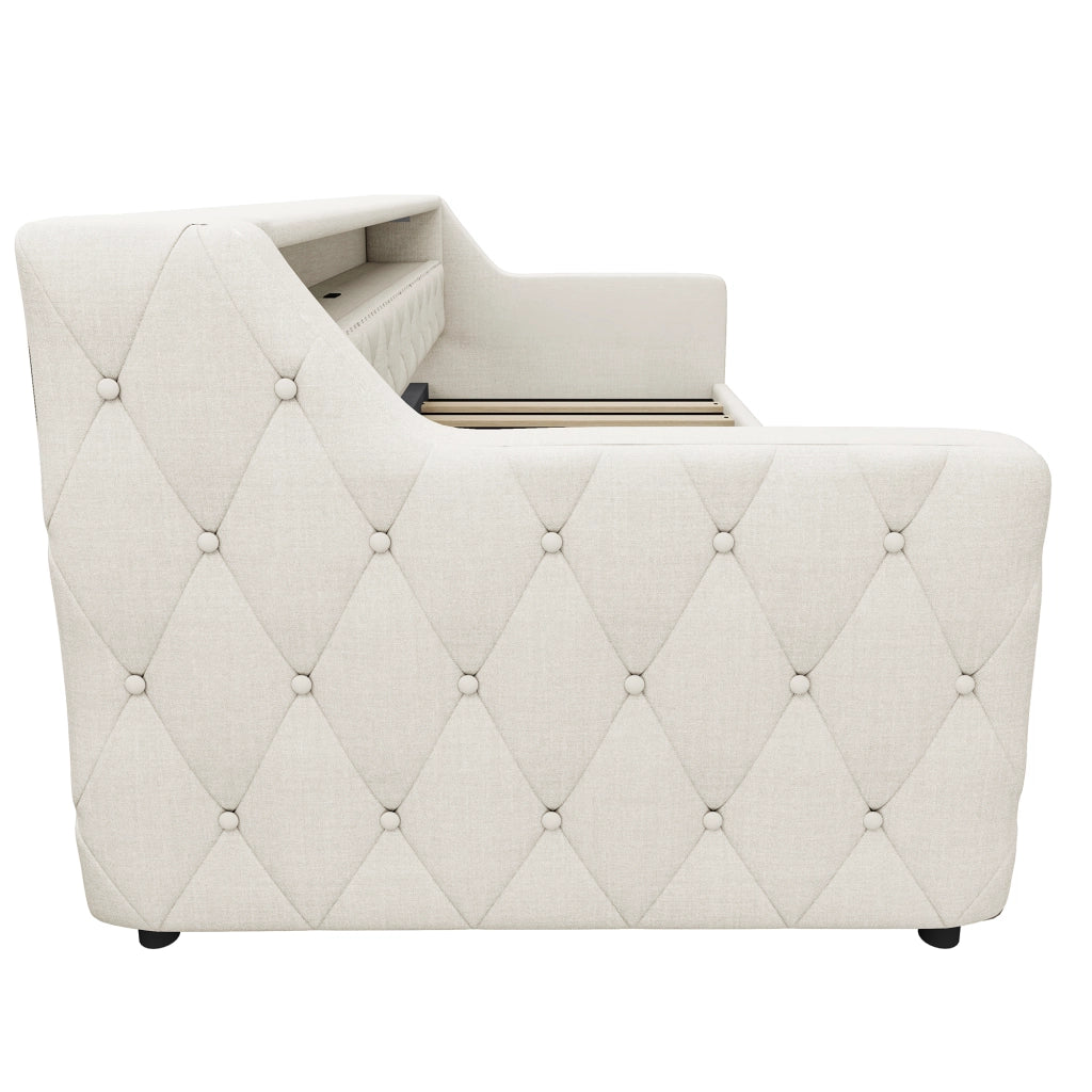 LETTO 90x200 cm con LED e contenitore idraulico, lino beige, USB e Tipo C