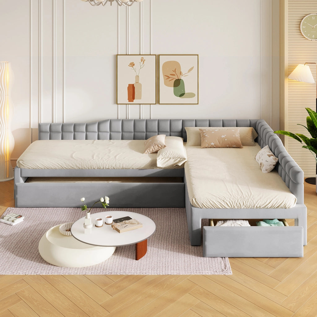 Letto combinato a L 90 × 200 cm con letto estraibile, 2 cassetti, senza materasso, in flanella grigio