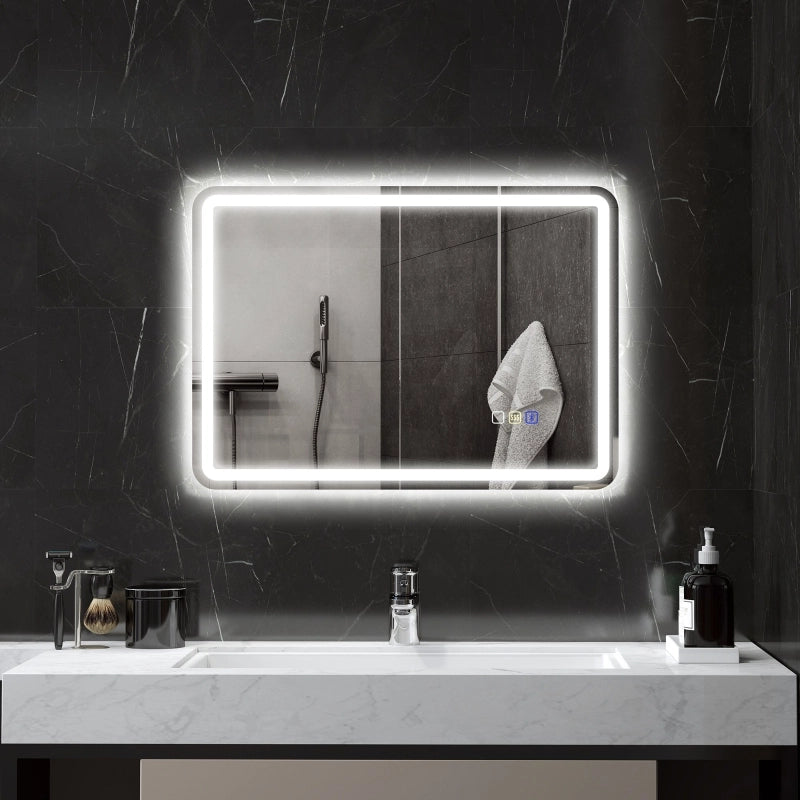 Specchio da bagno LED 50x70 cm con Bluetooth, funzione antiappannamento, touch e memoria, argento