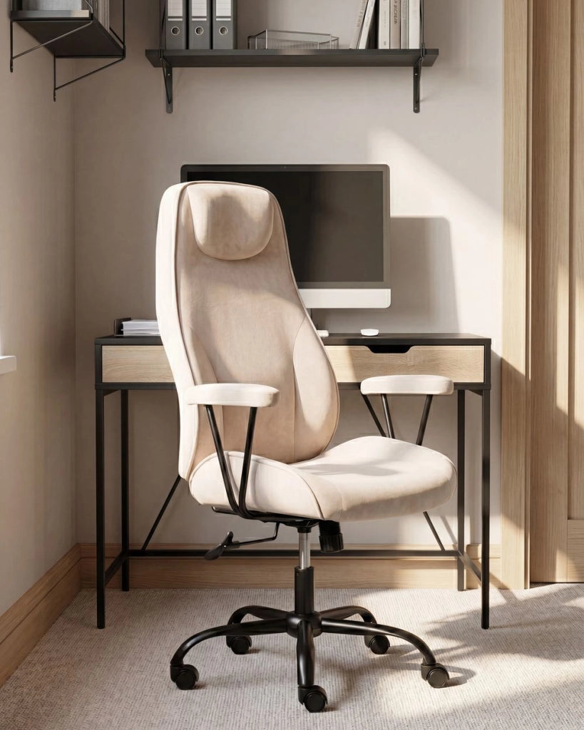 Sedia da ufficio in velluto beige chiaro con base girevole reclinabile e regolabile in altezza per l'ufficio domestico