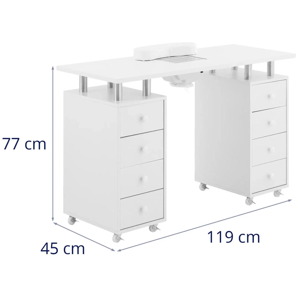 Tavolo manicure 119 x 45 x 77 cm 8 cassetti 8 ruote aspirapolvere MDF bianco 14_0009979