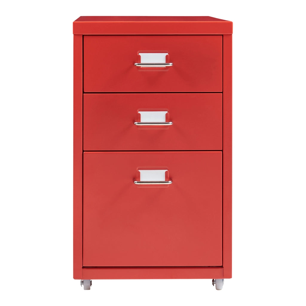 Cassettiera Kökar in Acciaio Mobile Archivio con 3 Cassetti e Rotelle - Rosso [en.casa]