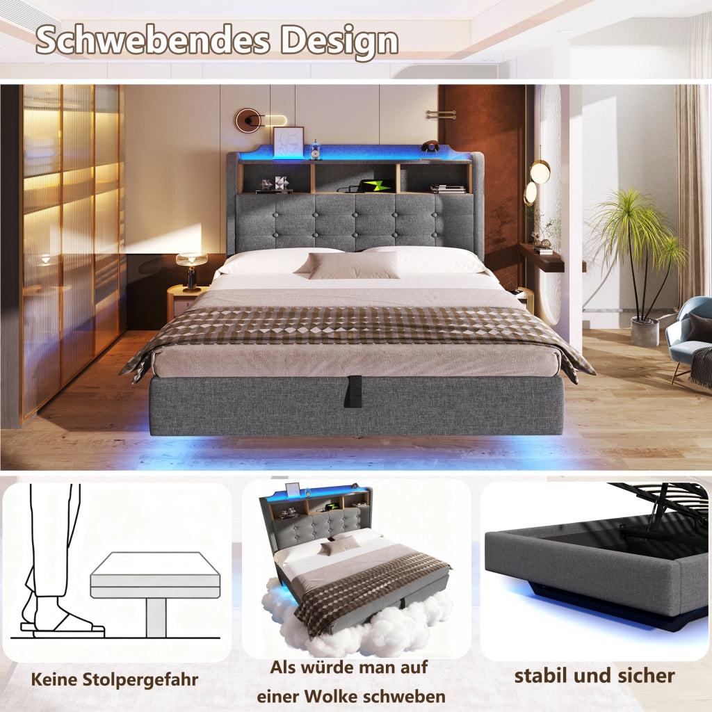Letto imbottito idraulico con USB LED 140x200 cm colore grigio lino