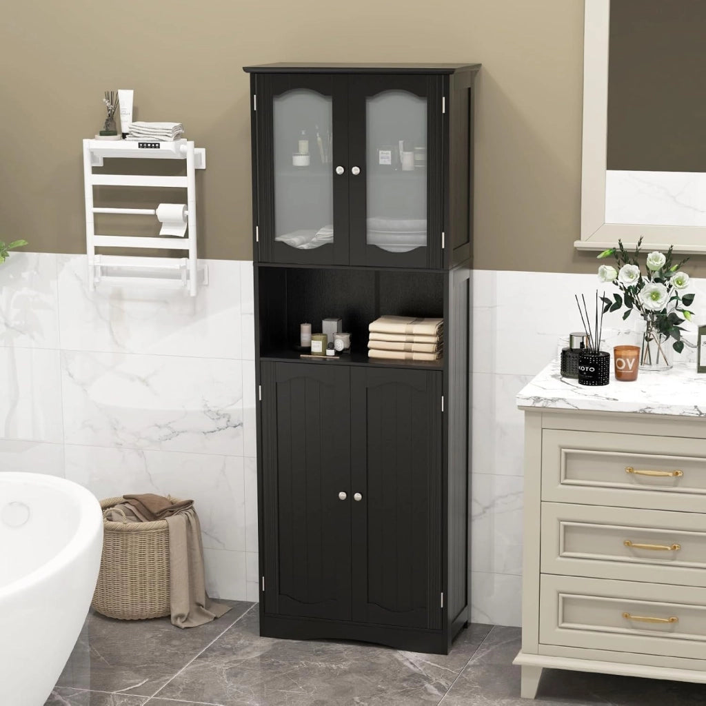 Armadietto Bianco con 4 Ante e 6 Ripiani Regolabili, Kit Anti-Ribaltamento, 76 x 40 x 184,5 cm, per Cucina, Camera da Letto, Soggiorno (Nero)