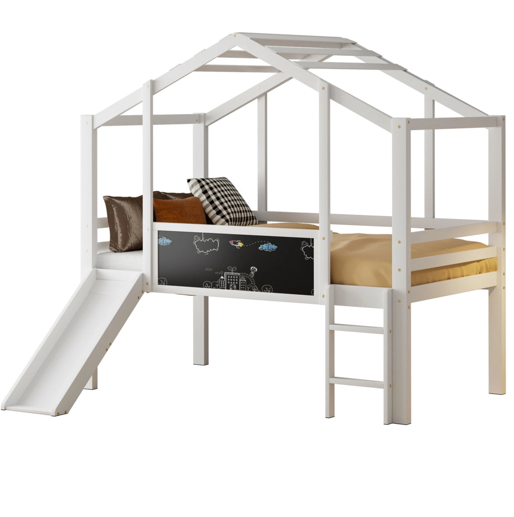 Letto a soppalco per bambini 90x200 cm in legno bianco con scivolo; scala e lavagna