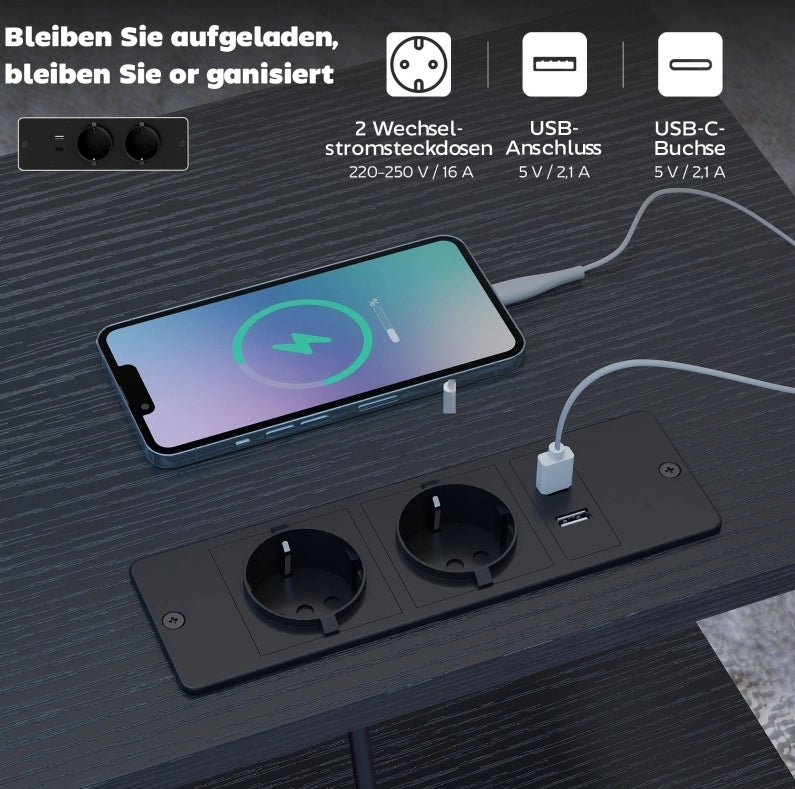 Tavolino da divano stretto con 2 prese AC; USB-A e USB-C; 2 cassetti; nero 40 x 30 x 60 cm