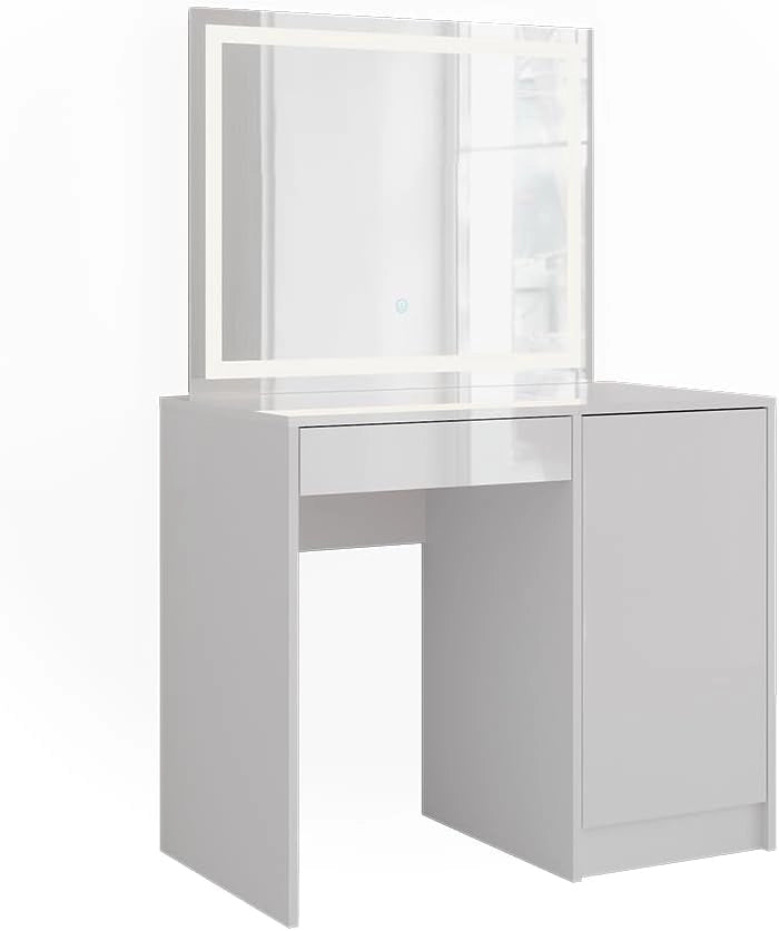 Tavolo da toeletta Sherry, Bianco/bianco lucido, 89.8 cm con specchio LED