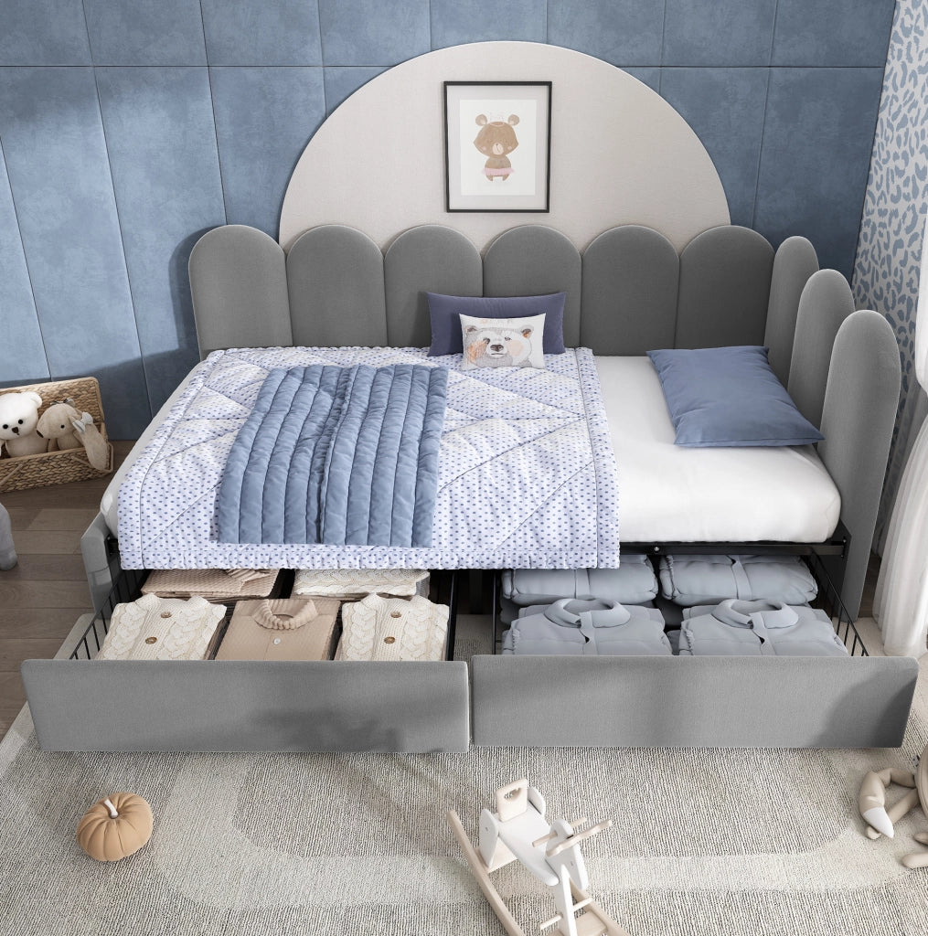 Letto singolo 90x200 cm in velluto grigio con 2 cassetti e struttura reversibile