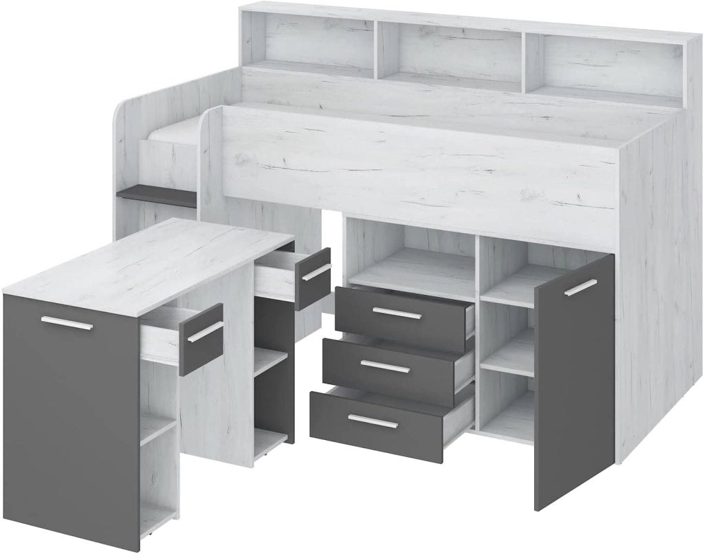 LETTO A CASTELLO SCRIVANIA LIBRERIA BAMBINI NEO L cm206x120x138h BIANCO GRAFITE GREZZO
