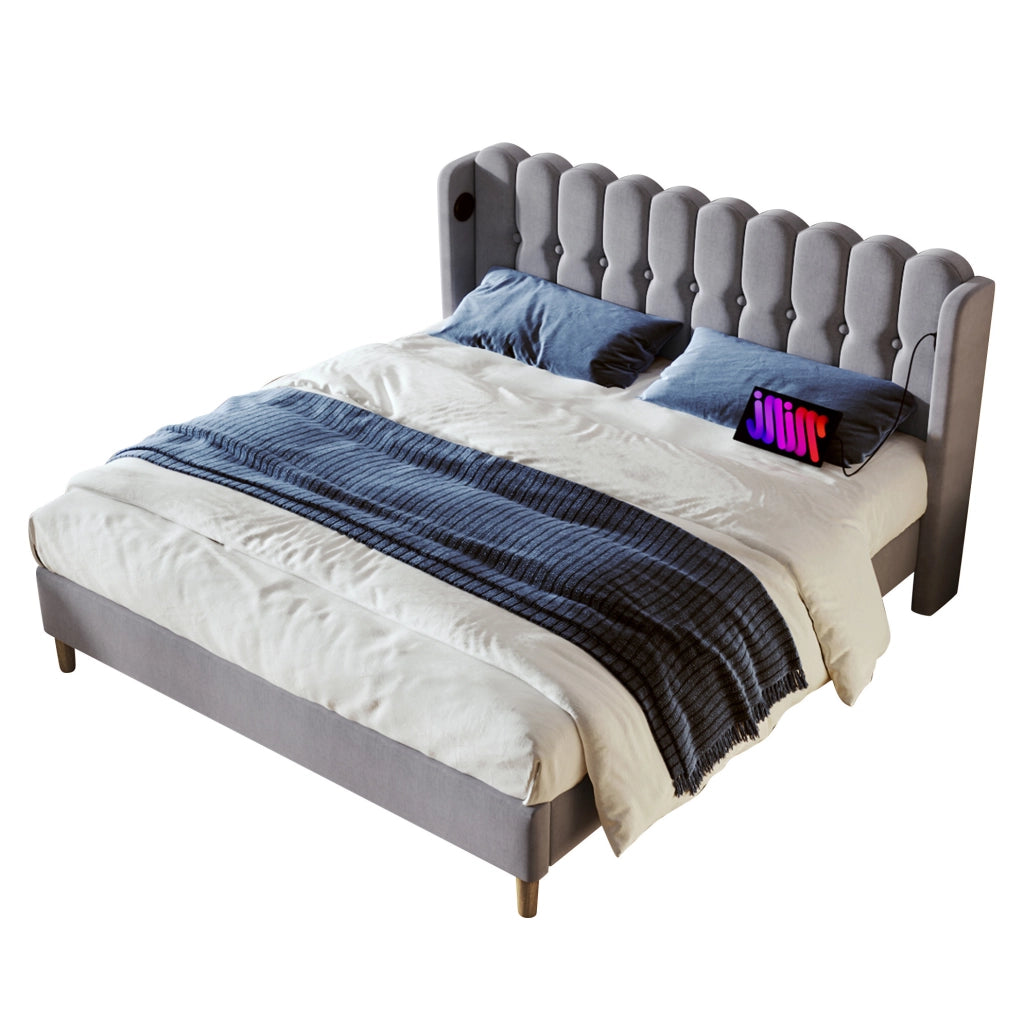 Letto matrimoniale imbottito 140x200 cm in lino grigio con testiera e porte USB e USB-C