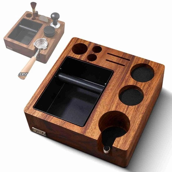Stazione per caffè in noce di walnut - Organizzatore per caffè - Piatto di appoggio per tappi - Regolabile in altezza - Ergonomico e stabile