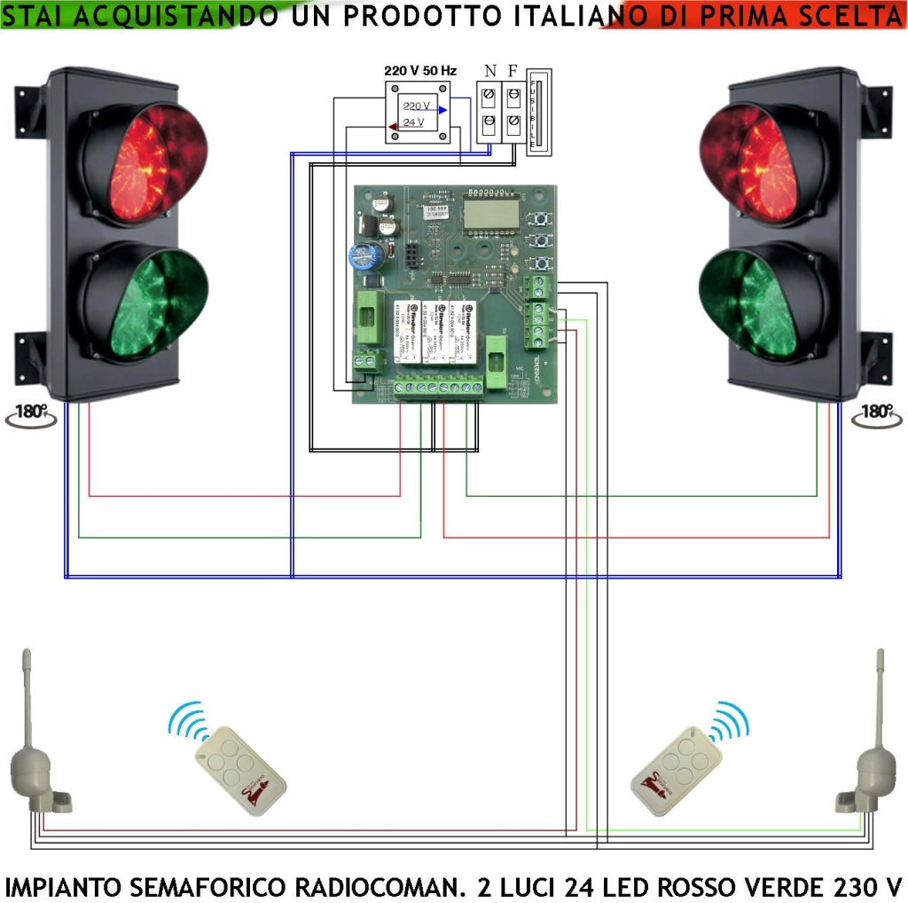 Impianto Semaforico Orientabile 180° per Parcheggio 24 Led Rossi 24 Led Verdi Lente Ø 124 mm Aliment. 230 V 3 W IP65 Tempi Regolabili da 8 a 120. Prenotazione Ingresso da Utente con Radiocomandi