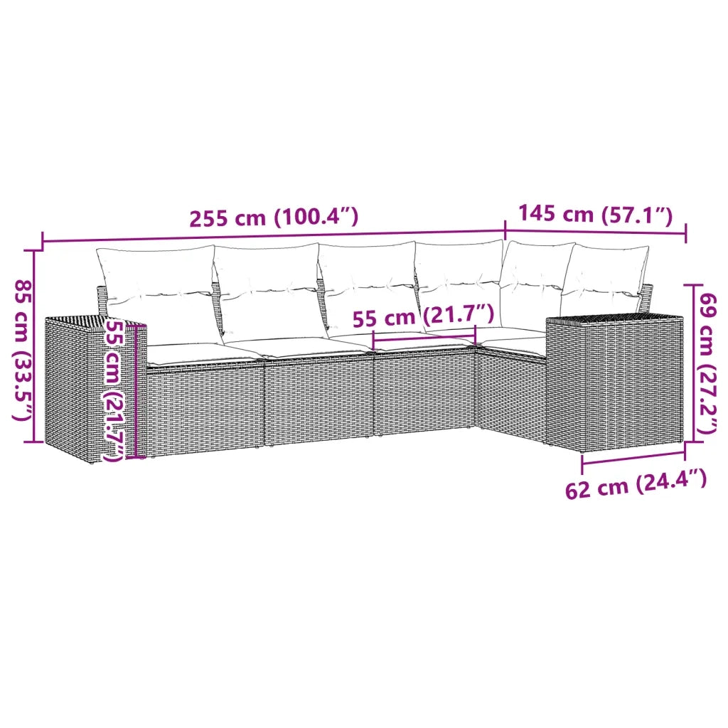 Set Divano da Giardino 5 pz con Cuscini-Sofa da Giardino-Divanetto da esterno Beige in Polyrattan 522668