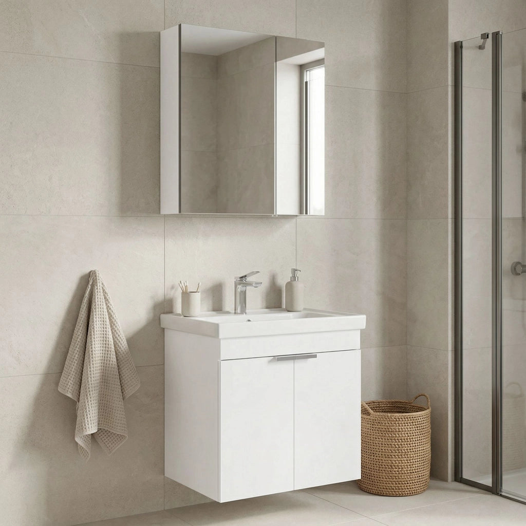 Set mobile lavabo con specchio (2 pezzi) "Desna 60" - 60 x 45 x 58 cm - Bianco opaco