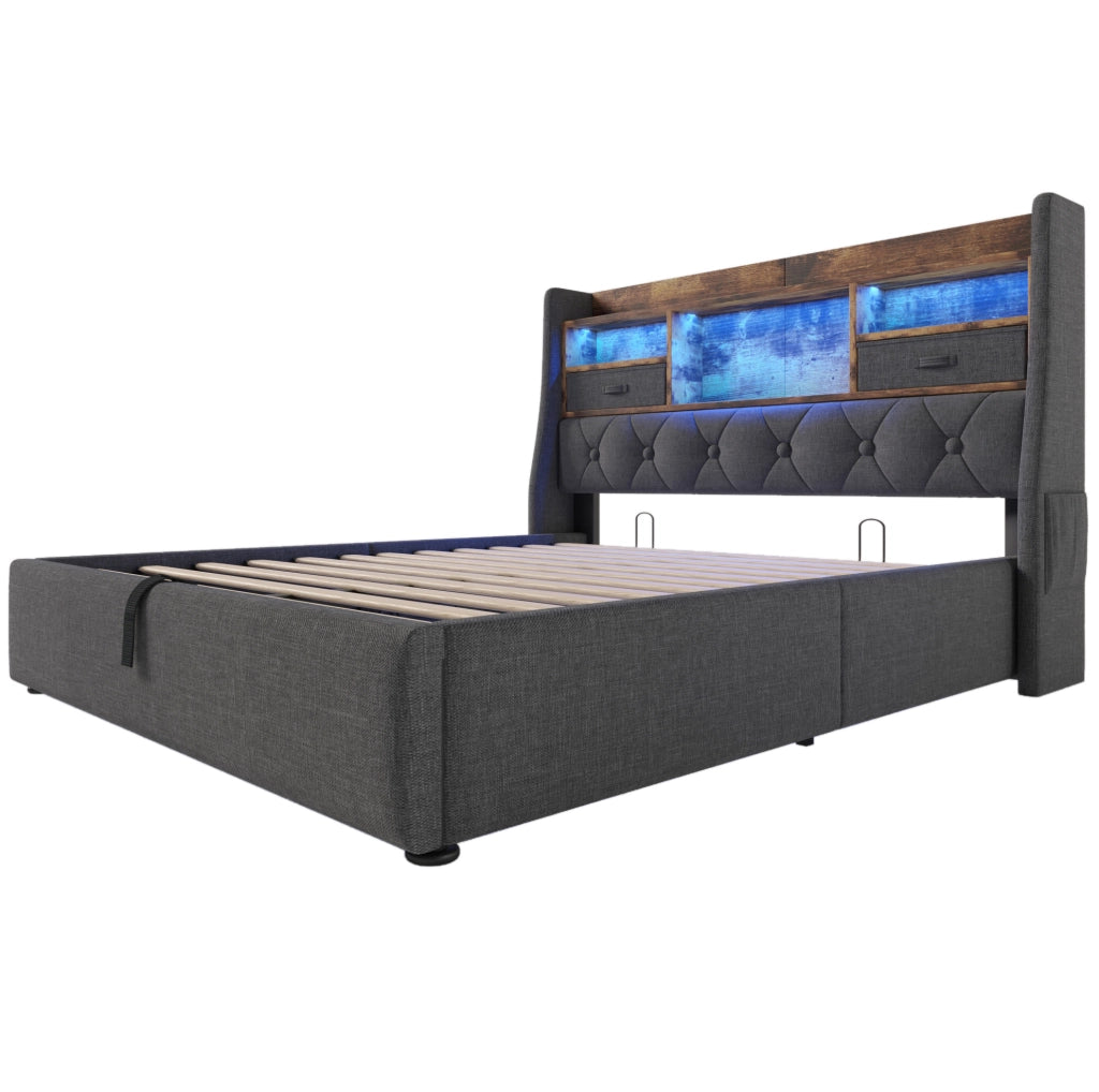 Letto contenitore 160x200 con LED, USB e testiera con ripiani grigio