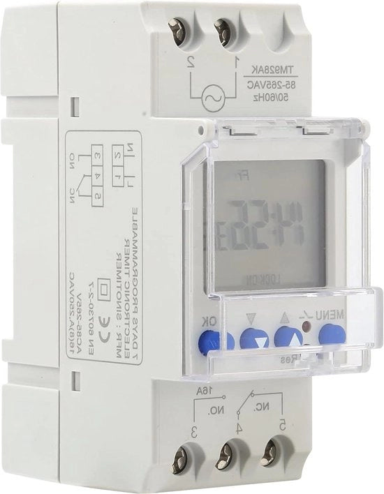 Timer Analoge Schakelaar Programmeerabile Din-rail con Display Grande e Illuminazione di Sfondo - TM928AK 85-265V 16A con Display Orario.