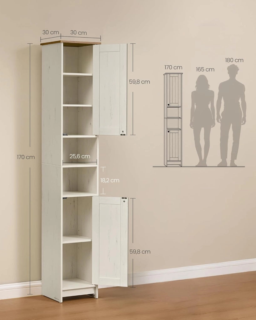 SONGMICS HOME Mobiletto da Bagno Stretto, Montaggio Rapido Senza Attrezzi Toolless, Mobile Compatto con Ripiani Regolabili per Soggiorno, Ingresso, 30 x 30 x 170 cm, Bianco Vintage BBC667WJ01
