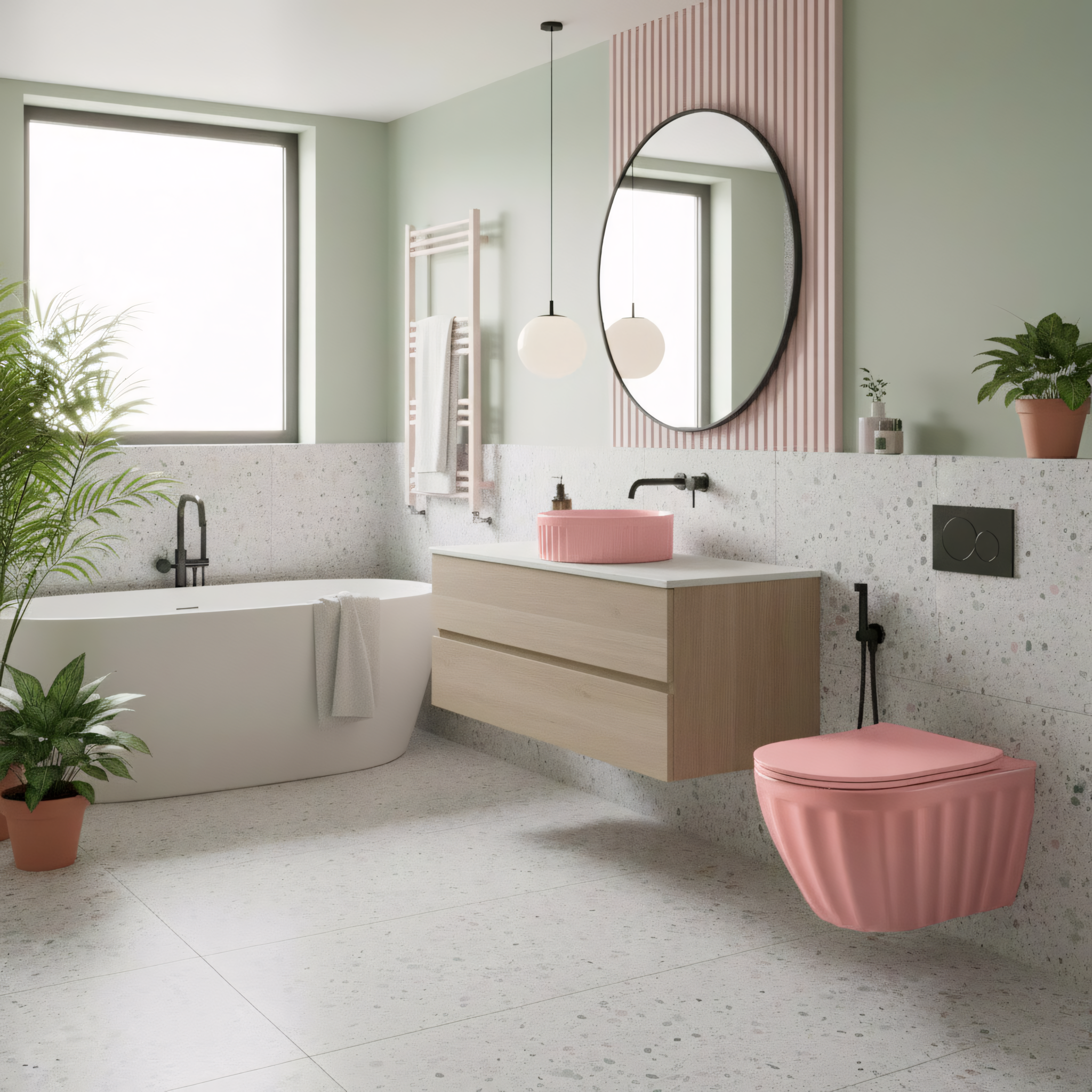 Set: Wc Sospeso + Lavabo Da Appoggio Rea Duo Sweet Pink Matt