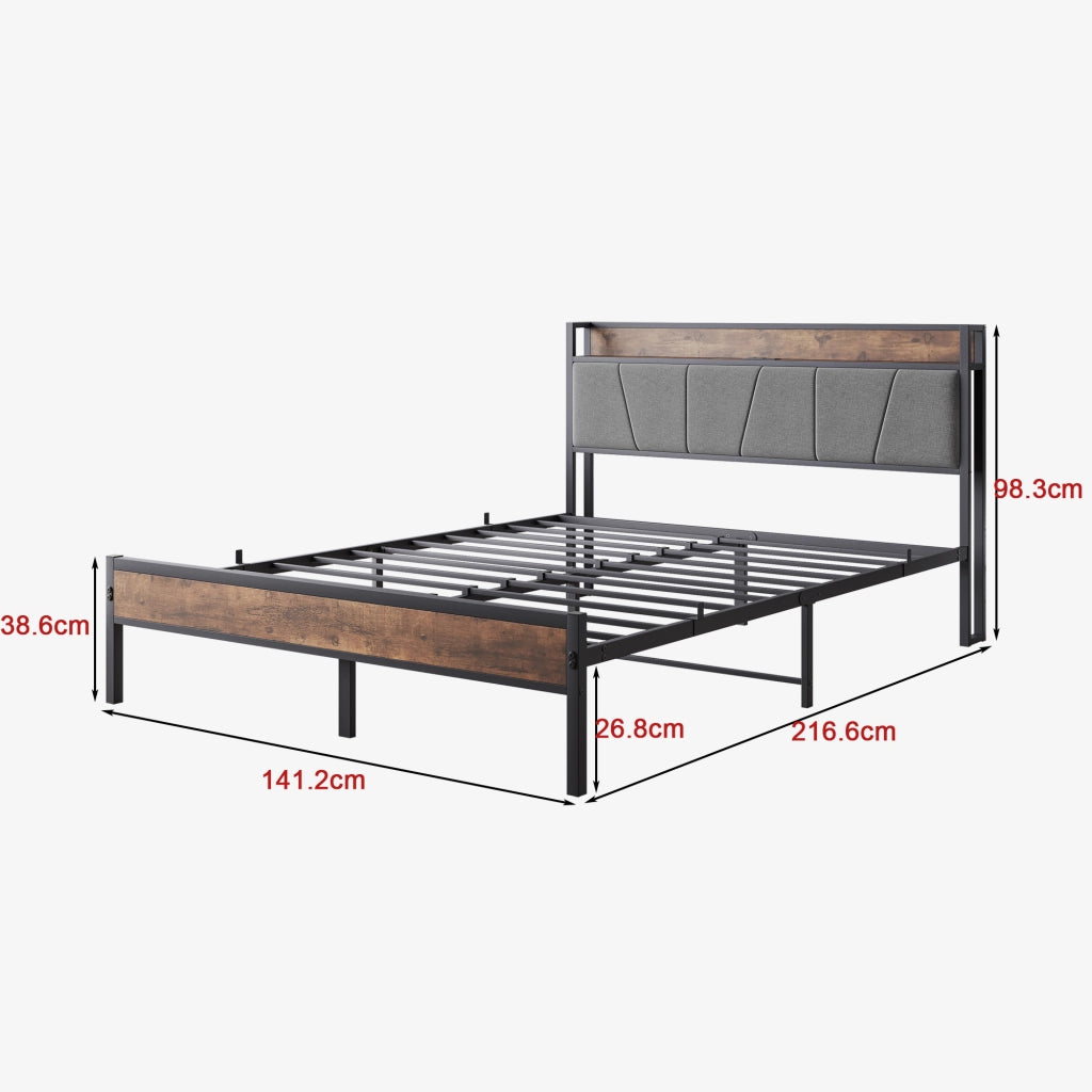 LETTO 140x200 cm con testiera contenitore, MDF e metallo, marrone antico