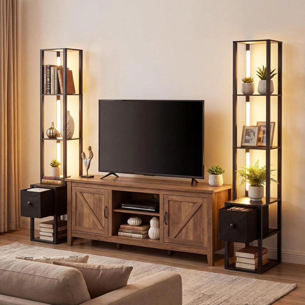Lampada da Terra, Piantana da Terra con Cassetto, Ripiani, Luminosità Regolabile e Tubi Luminosi Ruotabili 360° Lampada a Stelo per Soggiorno, Camera da Letto e Studio
