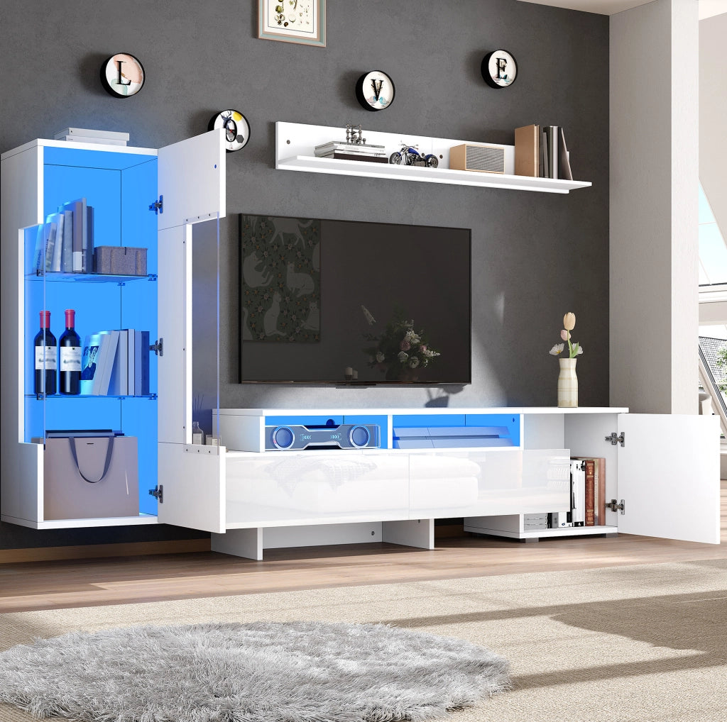 Parete attrezzata TV 3 pezzi bianca con LED, mobile TV 170 cm e pensile