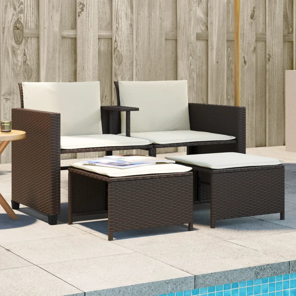 Divano Giardino 2 Posti con Tavolo e Sgabell-Sofa da Giardino-Divanetto da esternoi Marrone Polyrattan 290052