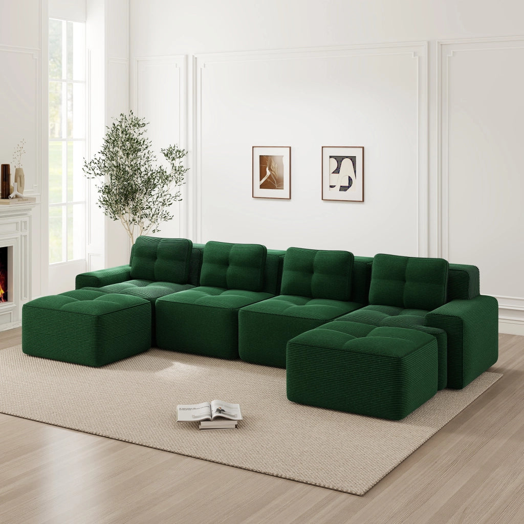 Divano modulare boneless a 4 posti con seduta profonda, schienale avvolgente e base antiscivolo in corduroy verde