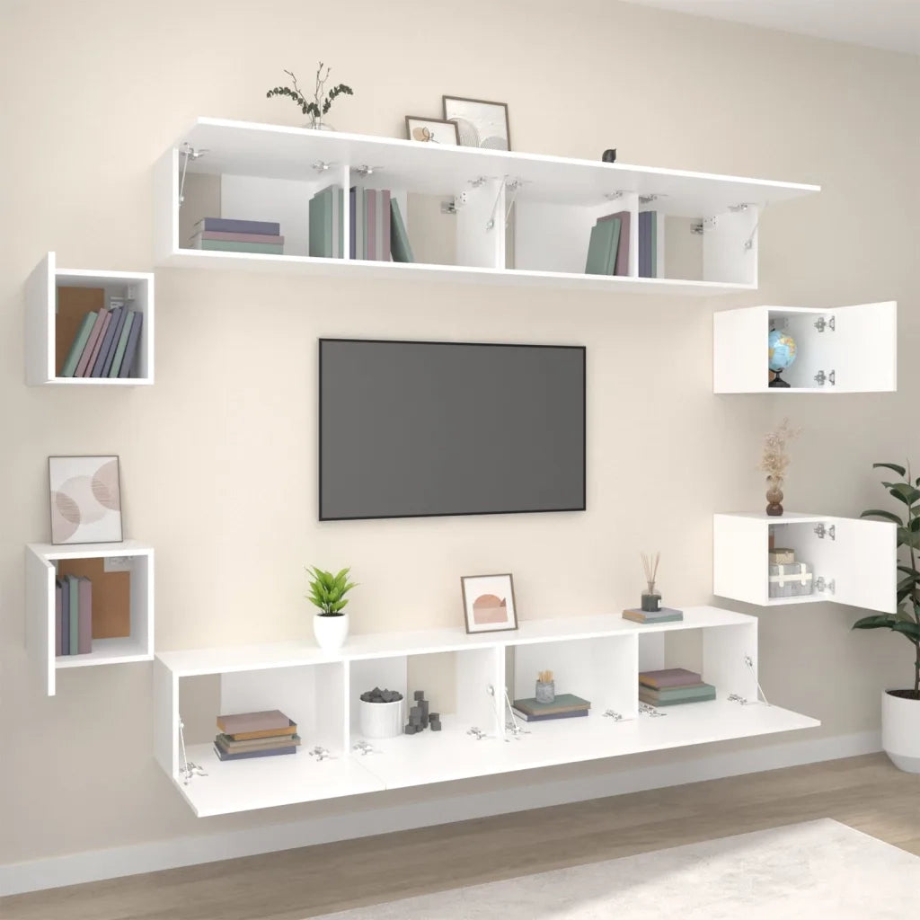 Set Mobili Porta TV 8pz | Armadietto TV | Mobile Porta TV Bianco in Legno Multistrato