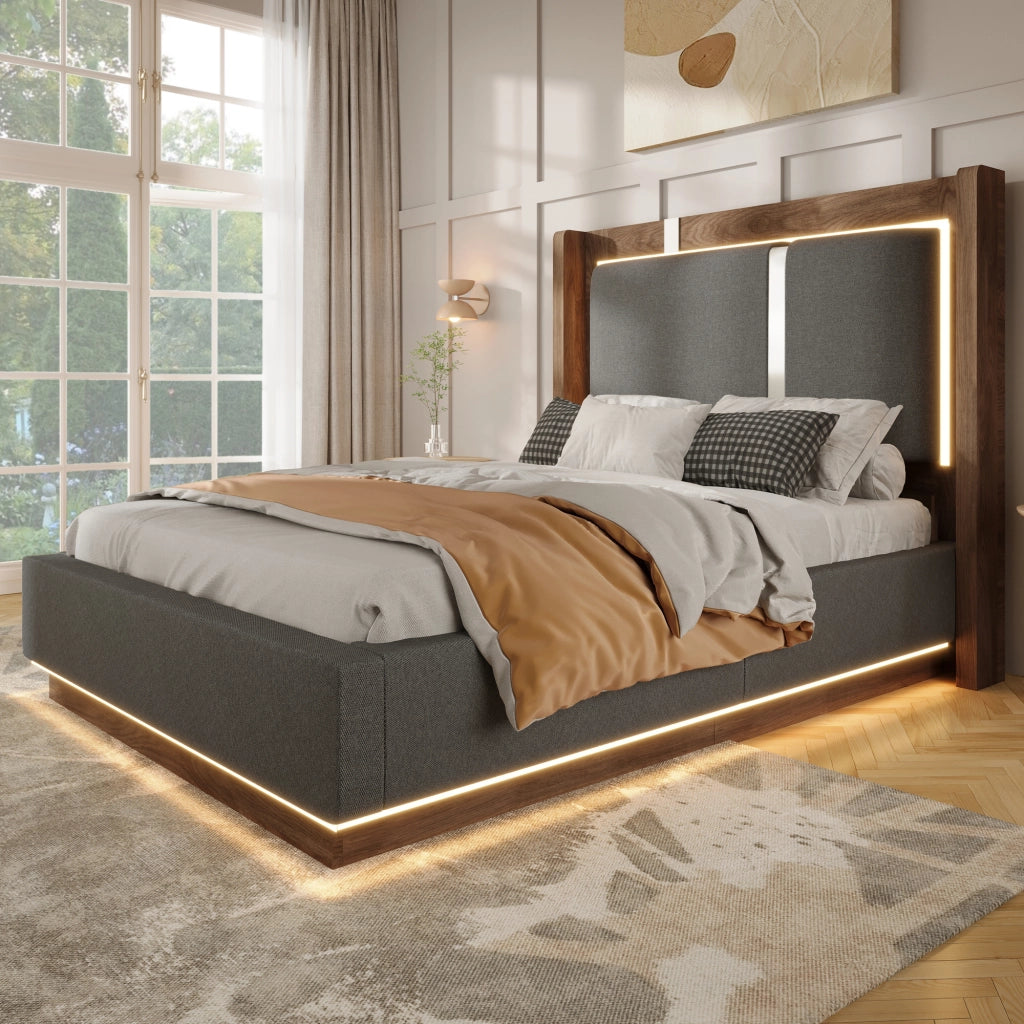 Letto contenitore 90 × 200 cm con LED, vano idraulico, senza materasso, in lino, grigio e noce