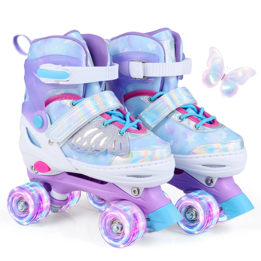 Pattini a rotelle per bambina con diversi strati protettivi e 4 ruote luminose con freno, Pattini a rotelle regolabili in 4 taglie Blu M