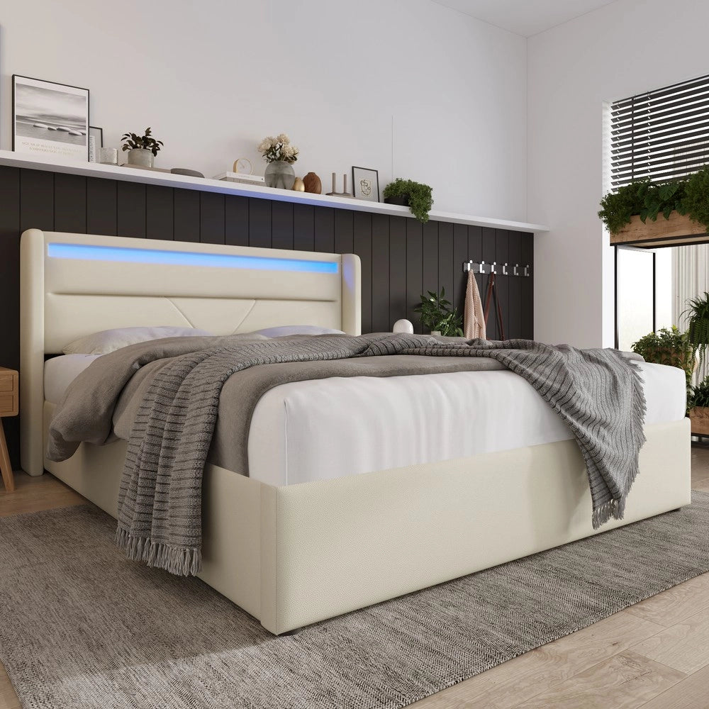 Letto contenitore idraulico imbottito con LED ¨C Minimal ¨C bianco 140x200 cm