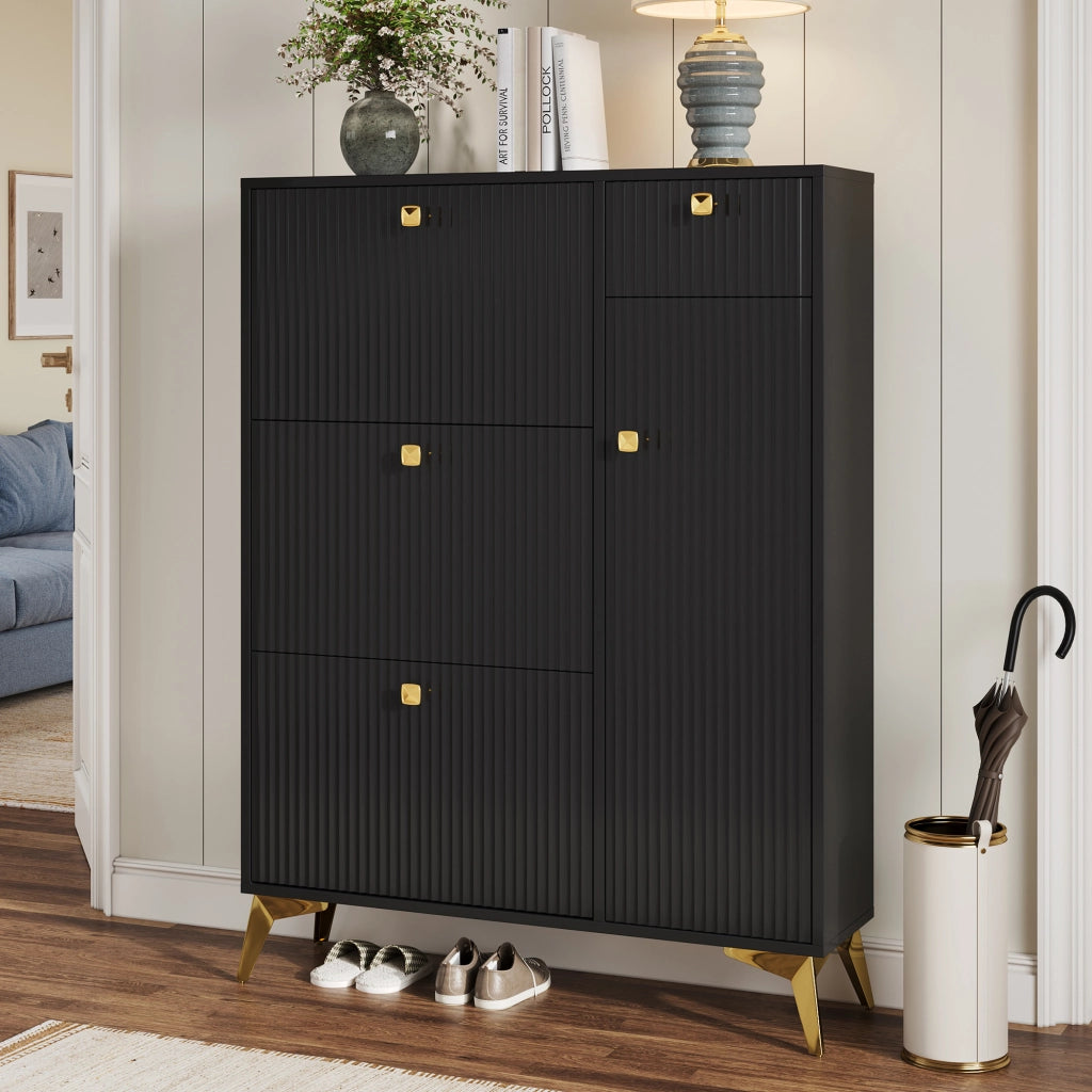 Scarpiera con 3 ante a ribalta 1 cassetto e 1 anta, superficie ondulata, maniglie in metallo, per ingresso, nero, 90 × 25 × 121 cm