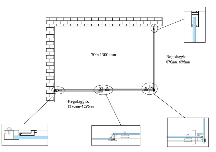 Box doccia 8 MM a 2 lati parete fissa laterale + porta scorrevole reversibile altezza 190 cm 70x130 