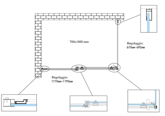 Box doccia 8 MM a 2 lati parete fissa laterale + porta scorrevole reversibile altezza 190 cm 70x180 