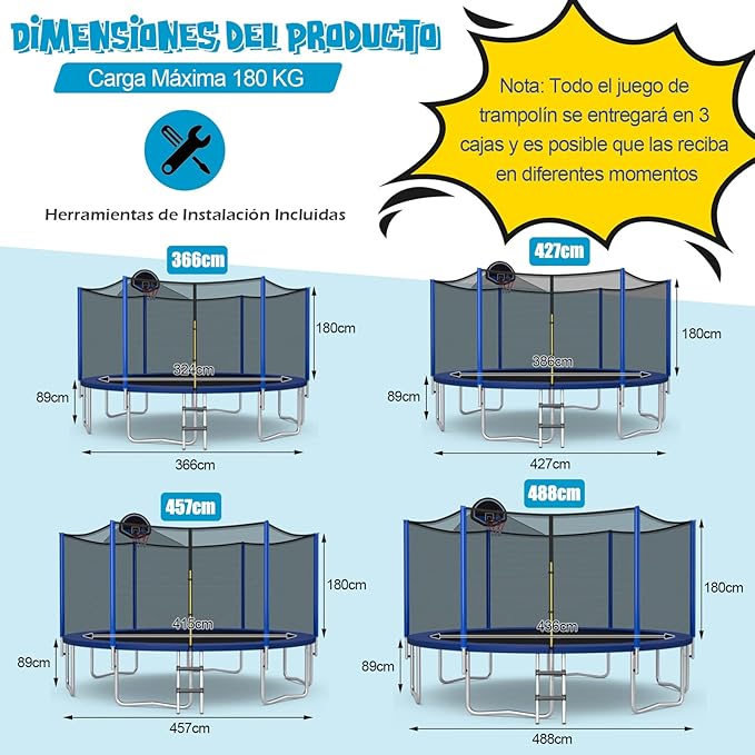 Tappeto Elastico per Bambini ed Adulti Ø 366 cm Certificato GS, Trampolino Bambini da Esterno e Interno con Rete, 72 Molle, Canestro, Scala a 3 Gradini, Pompa e Palla, Portata 180kg