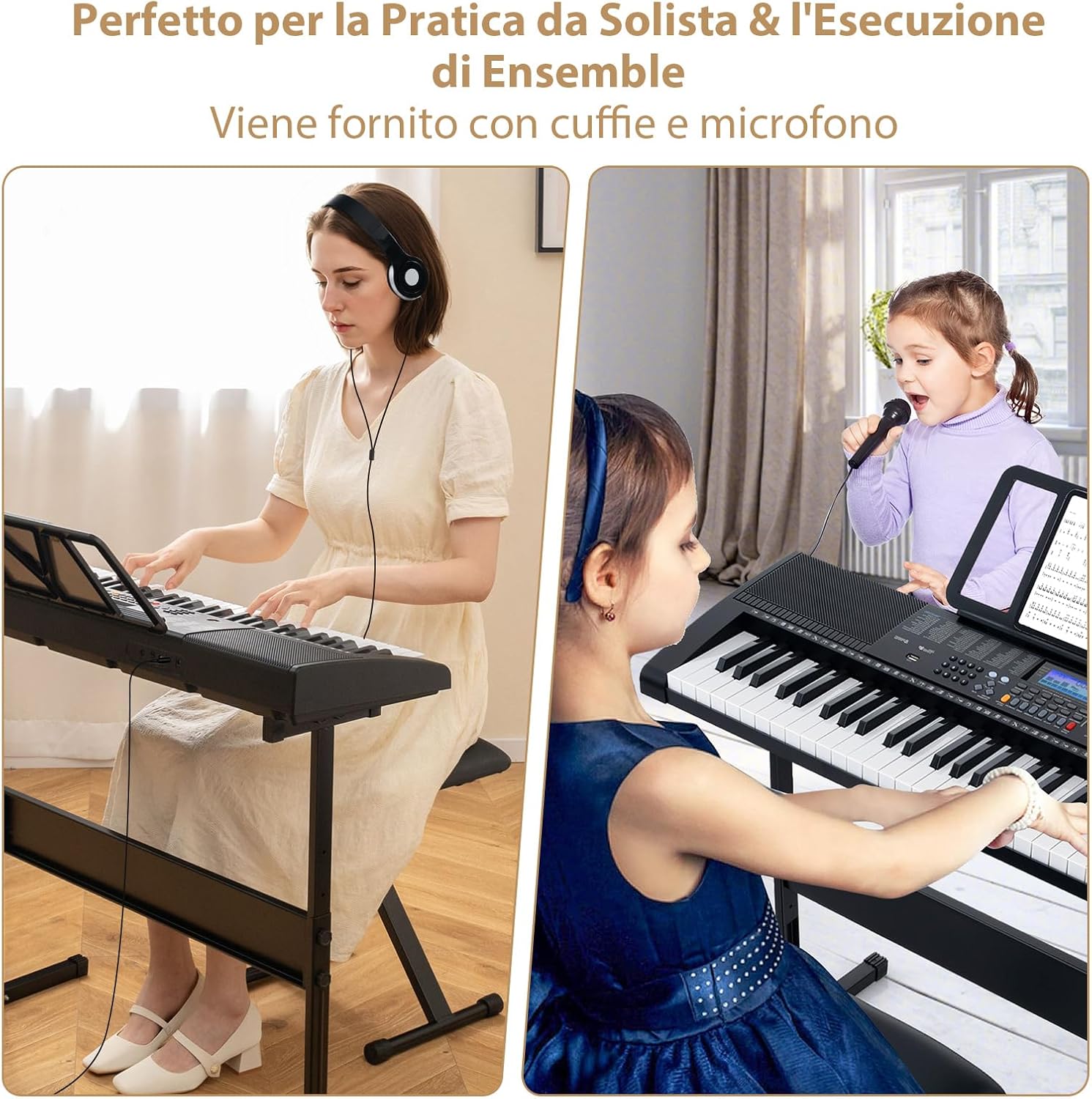 Set Pianoforte Elettronico Portatile a 61 Tasti, Pianoforte Digitale con 600 Timbri, 400 Ritmi, 50 Canzoni Demo, Pianoforte con Supporto e Sgabello, Tasti Luminosi, Microfono, Cuffie
