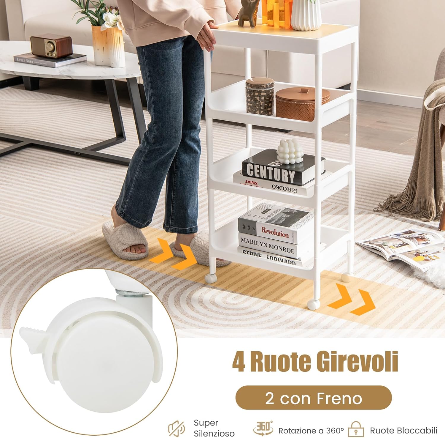 Carrello da Cucina a 3/4 Piani, Carrello con Vassoio Staccabile e Ruote Bloccabili, Carrello Multiuso per Cucina Bagno Lavanderia Spazi Stretti (4 Piani)
