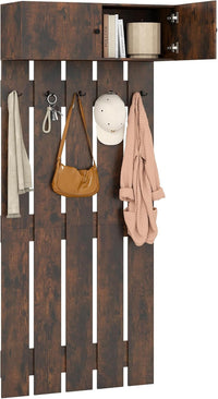 Appendiabiti da Parete per Ingresso, Attaccapanni in Legno con 5 Ganci Doppi e Armadietto a 2 Ante, Mensola Salvaspazio per Camera da Letto, Soggiorno e Cucina, 90 x 33 x 210 cm (Marrone)