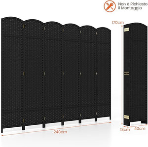 Paravento Pieghevole a 6 Pannelli, Pannelli Divisori da Interno con Texture Intrecciata a Mano e Telaio in Legno, Separé Divisorio a Parete Autoportante per Casa, Ufficio e Negozio (Nero)