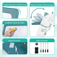 Cavalletto Artistico per Bambini con Sgabello, Lavagna Magnetica a Secco a Doppia Faccia 3 in 1 con Scrivania, Scaffale per Libri, Sgabello (Verde+ Bianco)