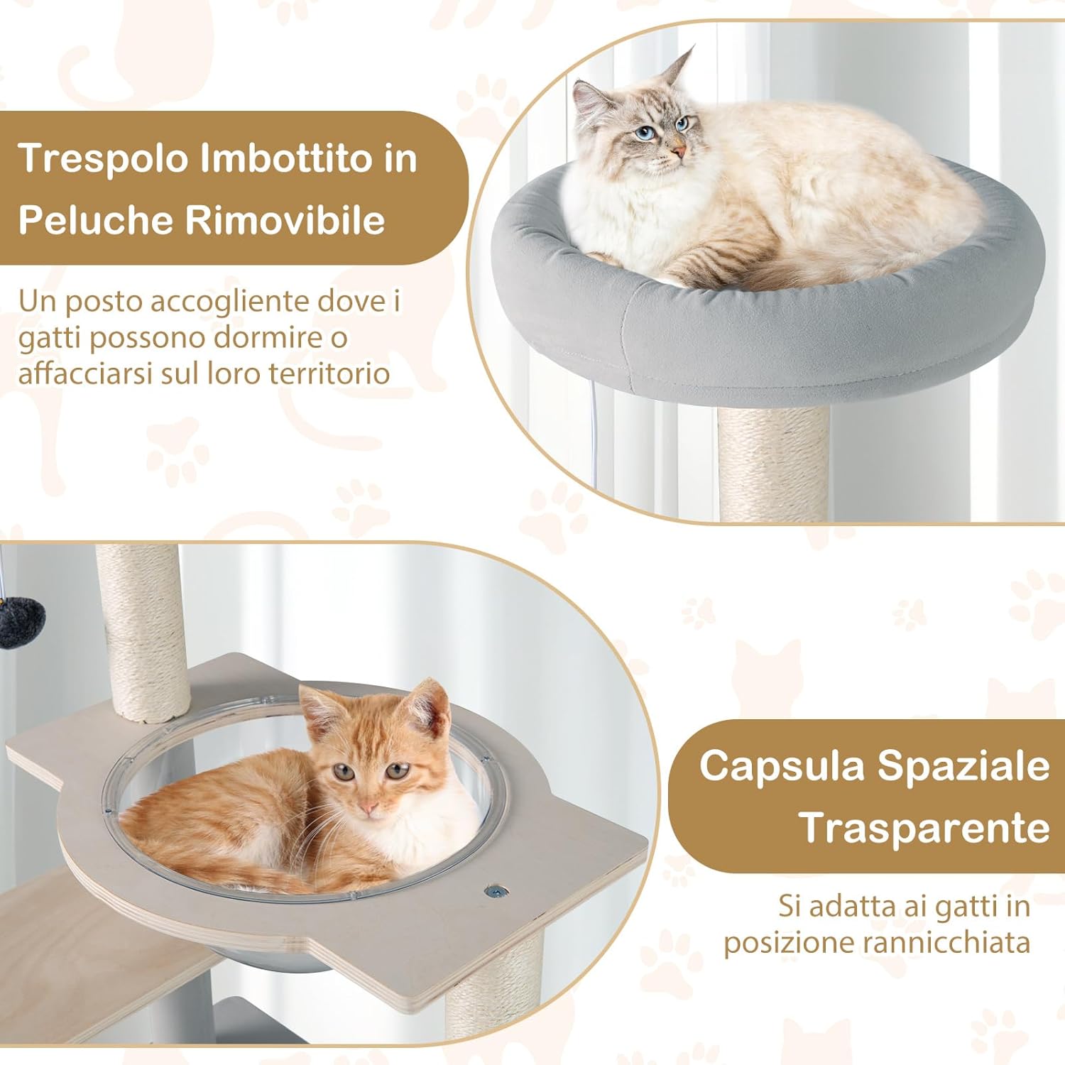 Tiragraffi per Gatto Alto 113 cm con Capsula Spaziale, Albero Tiragraffi Gatti con 4 Pali in Sisal, Piattaforme, Trespolo e Pompon, Torre Gatto in Legno Solido, Naturale e Grigio