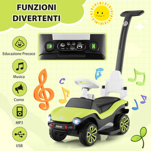 Volkswagen 3 in 1 Macchina Cavalcabile a Spinta per Bambini, Auto a Spinta con Maniglione Regolabile Parasole e Musica, Ideale per Bambini 1-3 Anni