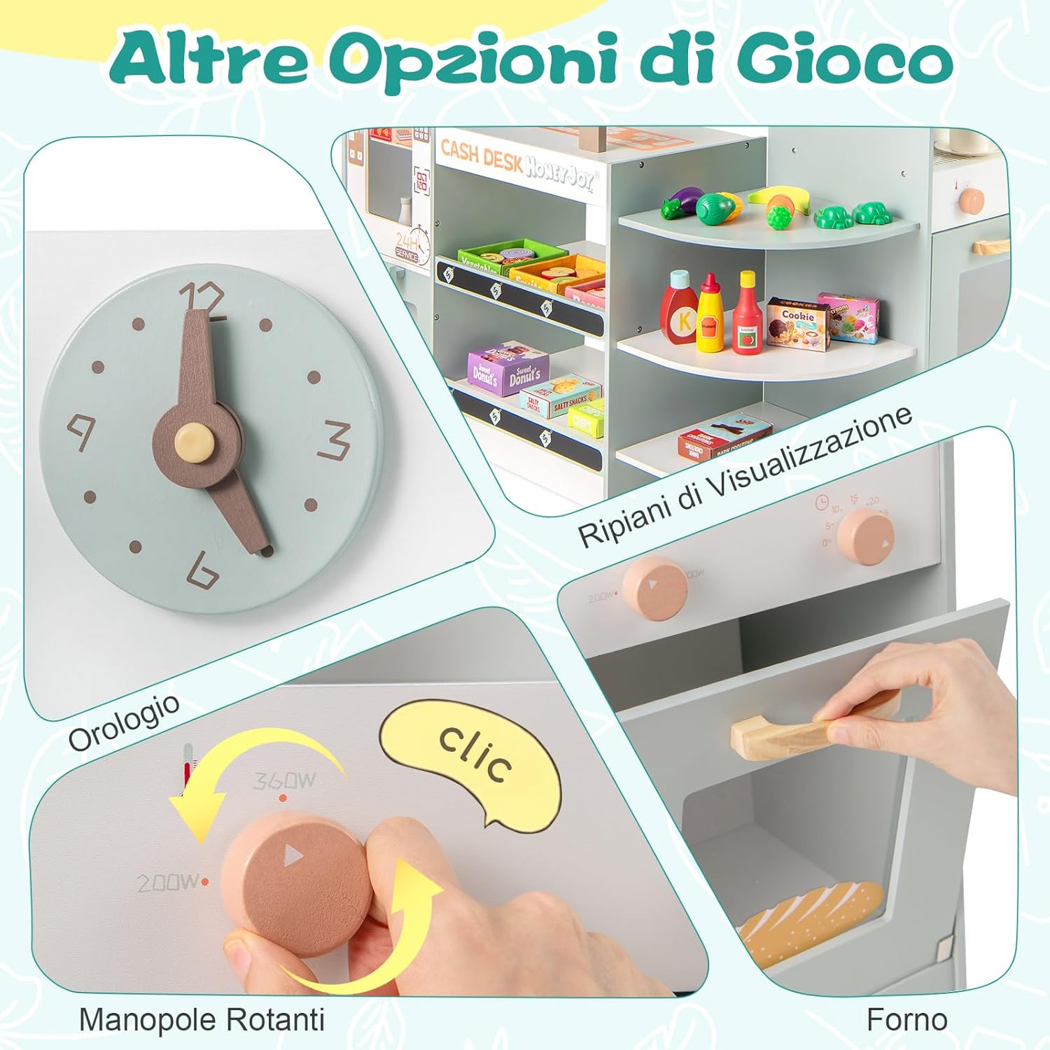 Mercato Giocattolo per Bambini con Cassa, Negozio Giocattolo in Legno con Macchina Caffè e Distributore Automatico, Banco Mercato Giocattolo con Scaffali e 30 Accessori, per Bambini 3+ Anni