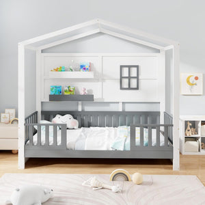 Letto montessori a terra con 2 ripiani e paracolpi-Letto a forma di casa con finestra e recinzione Bianco e Grigio