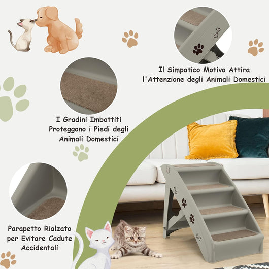 Scaletta Pieghevole per Animali, Scala di Plastica con 4 Gradini per Interno ed Esterno, con Feltro Morbido, Ideale per Animali di Piccola e Media Taglia, Capacità di Carico: 60 kg (Grigio)