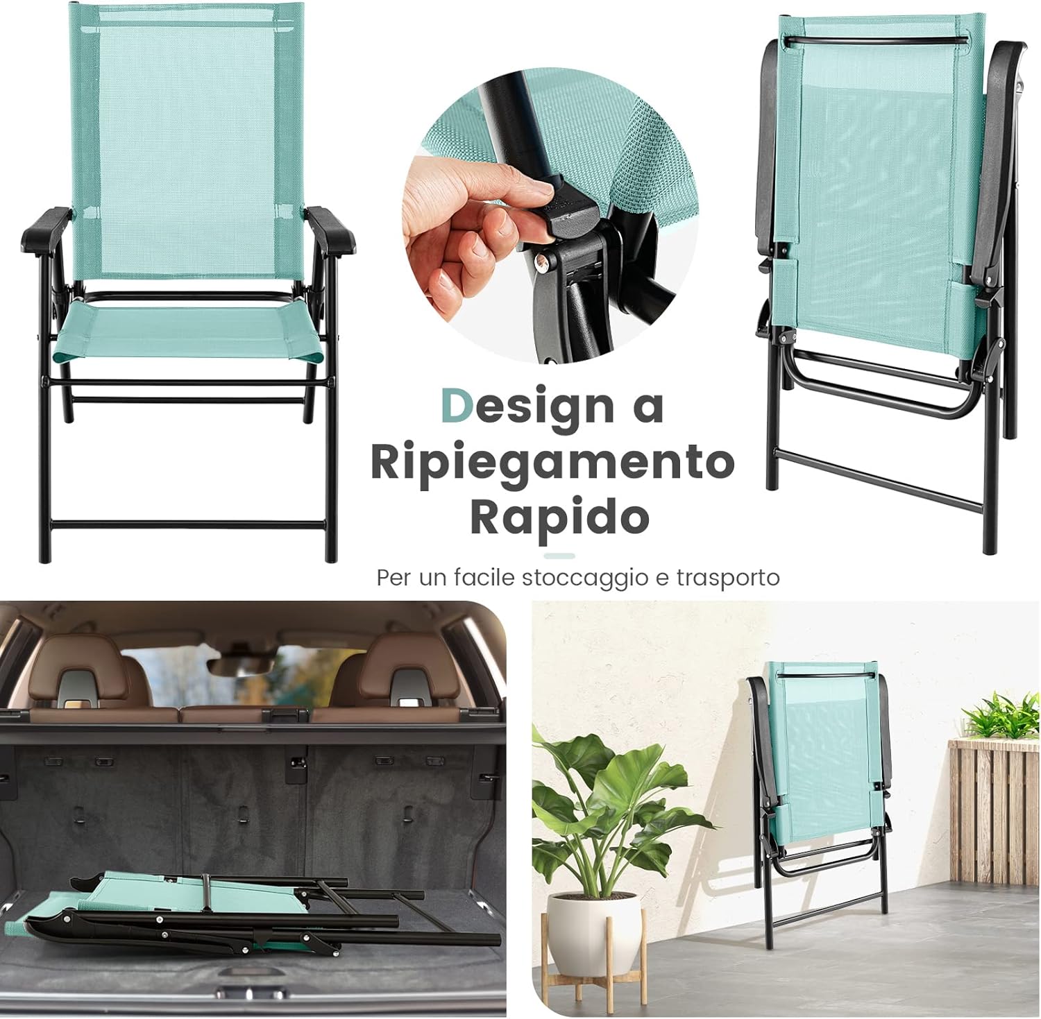 Set di 2/4 Sedie Pieghevoli da Giardino, Sedie Portatili con Braccioli e Struttura in Metallo, Sedie da Esterno Giardino Campeggio,Portata 150 kg (4, Verde Menta, 65 x 60 x 93 cm)