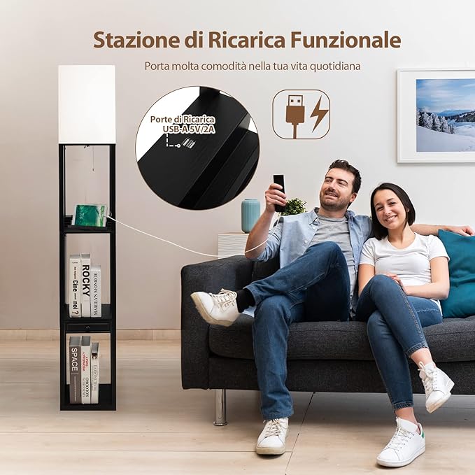 Lampada da Terra con Mensola, Cassetto e Porta USB, Lampadina 5000K LED Inclusa, 3 Regolazioni di Luminosità, Lampada a Stelo per Soggiorno e Camera da Letto